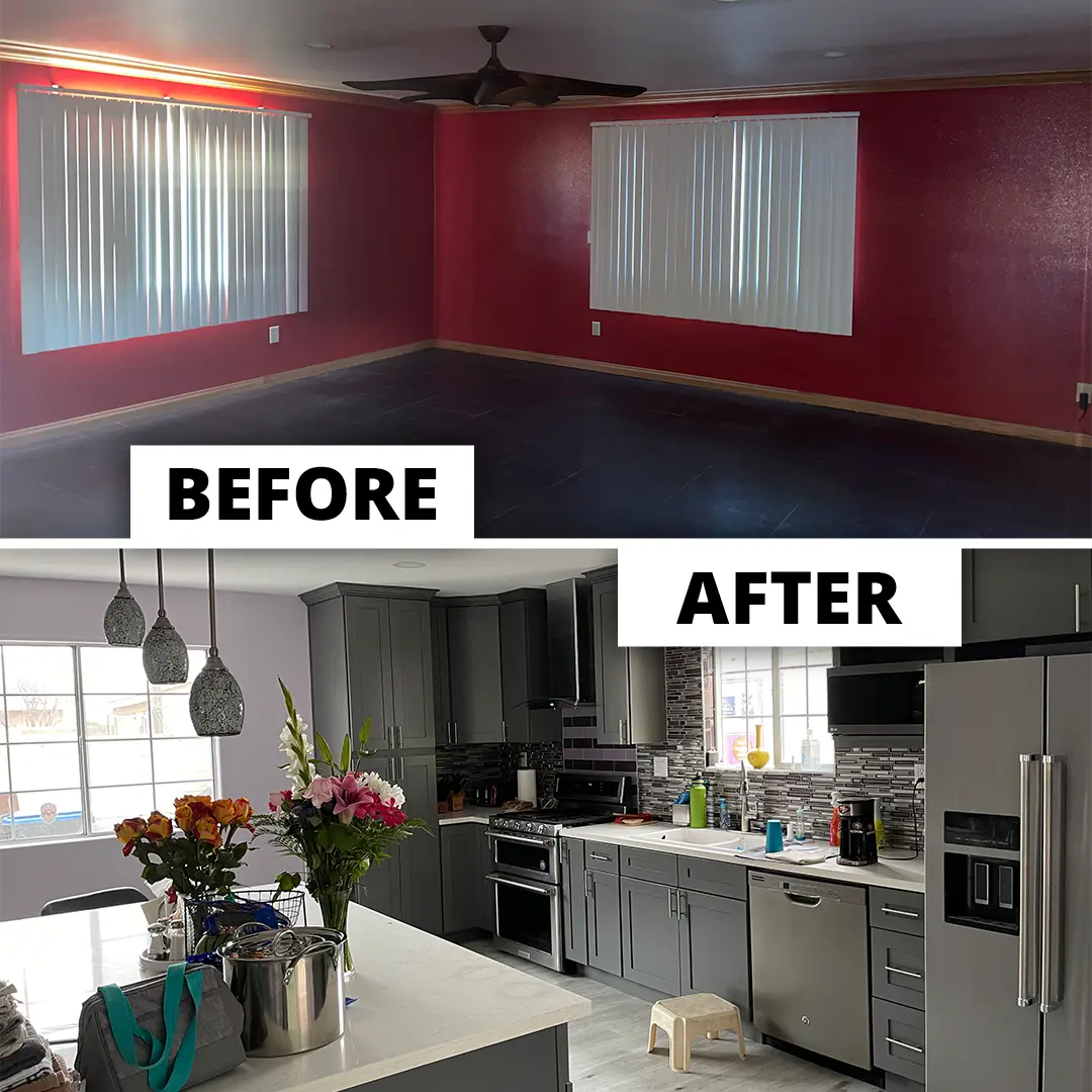 a before and after picture of a kitchen space