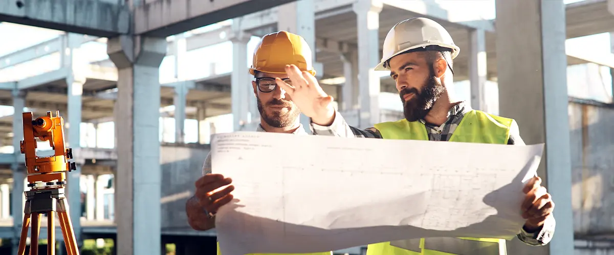 Engineers reviewing Los Angeles County Building Codes on a blueprint at a construction site.