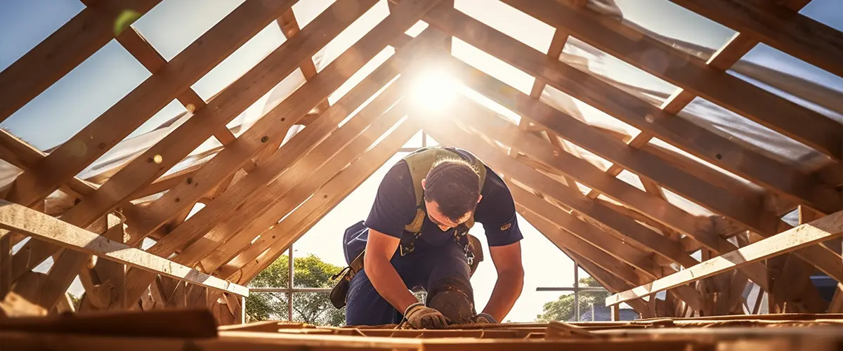 a male building tradesman works on a wooden roof structure