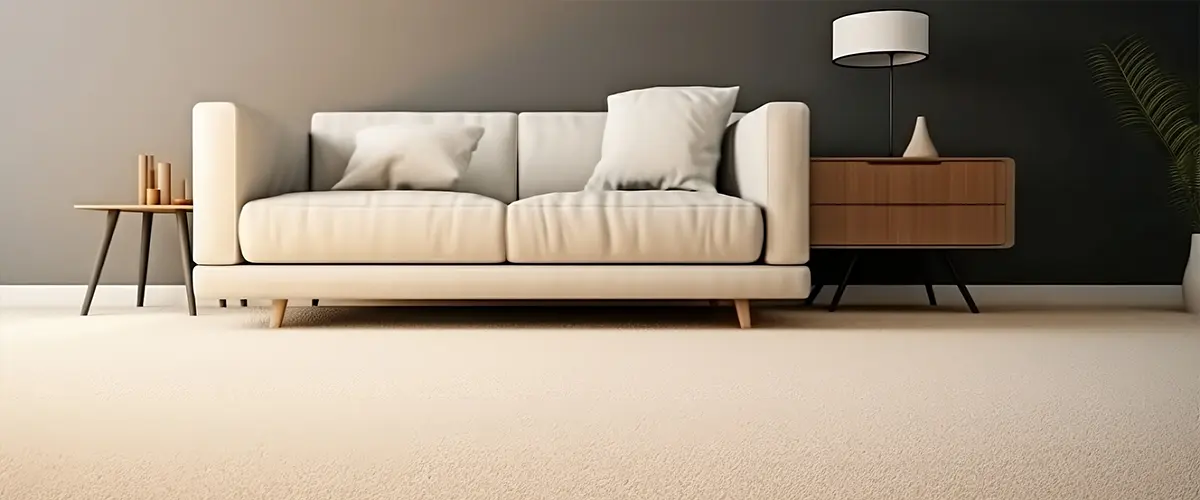 Modern living room with beige carpet, white sofa, wooden side table, and lamp, showcasing Carpet Installation In Downey, CA