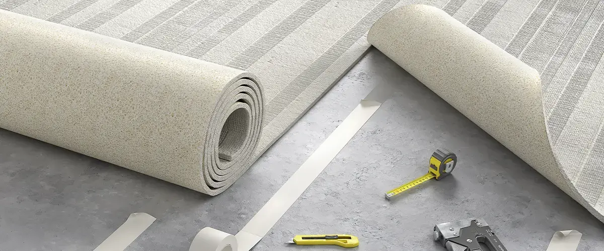 Tools and materials for Carpet Installation In Downey, CA, including rolls of carpet, tape, measuring tape, and utility knife, highlighting DIY home renovation.