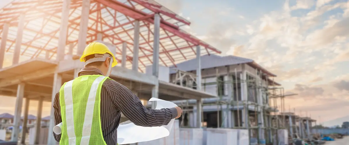 Construction worker with safety vest and hard hat reviewing blueprints at a building site for home builder in Lakewood.