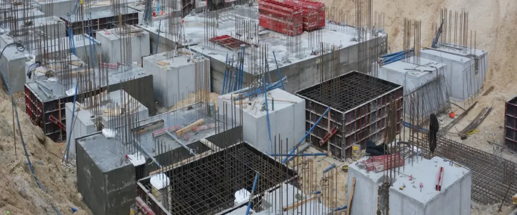 Concrete foundation work with steel rebar at a construction site