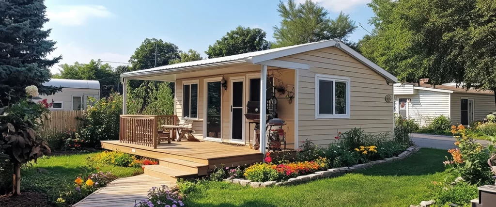 Single-story painted ADU house with sloping roof and porch