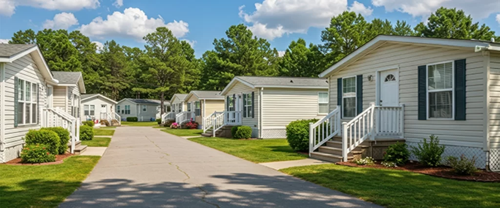 Suburban street lined with manufactured homes under a blue sky