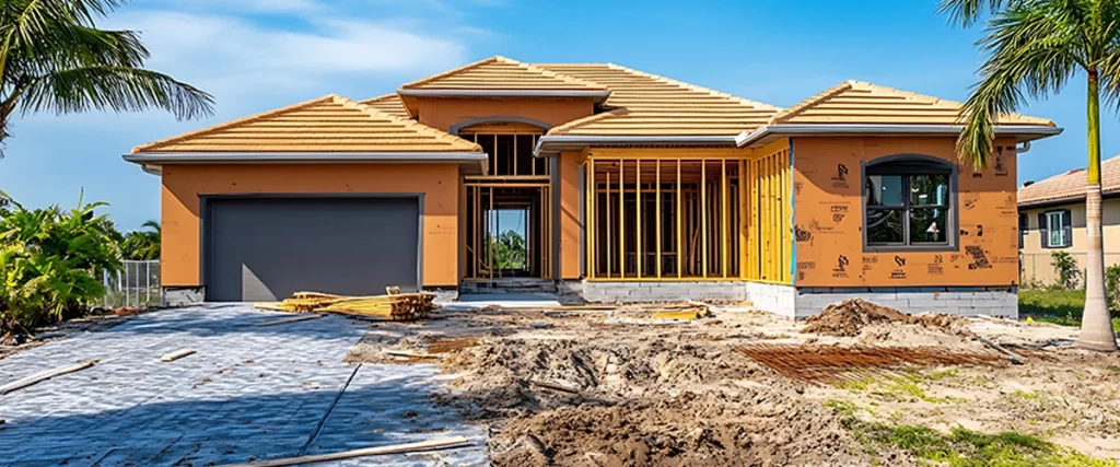 Street view of a bilevel singlefamily house under construction with garage entranceway at left in a suburban residential