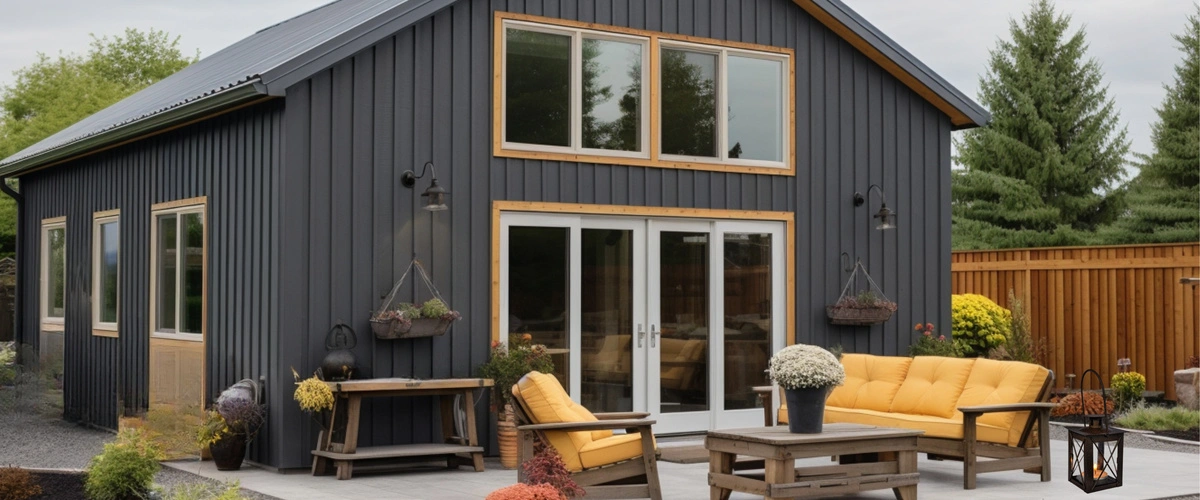 A stylish, dark gray backyard building with a metal roof and large glass doors, opening onto a paved patio area furnished with yellow cushioned outdoor seating and wooden tables.