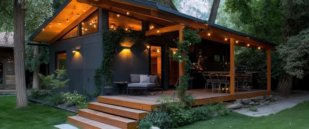 A small, dark-sided modern dwelling featuring a covered wooden deck with string lights and outdoor seating, surrounded by lush green foliage and large trees.
