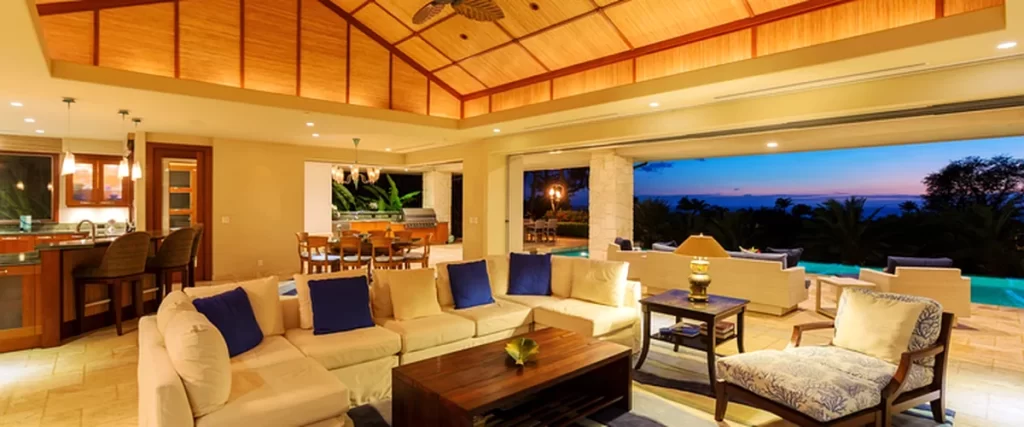 home additions accessory dwelling unit adu floor plan luxurious open concept living room with vaulted ceiling poolside sunset view