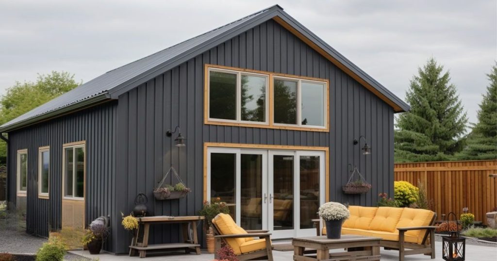 A modern, small, black board-and-batten sided building with a metal roof and large glass doors, featuring an outdoor patio with yellow cushioned furniture, often seen when comparing modular vs manufactured homes.