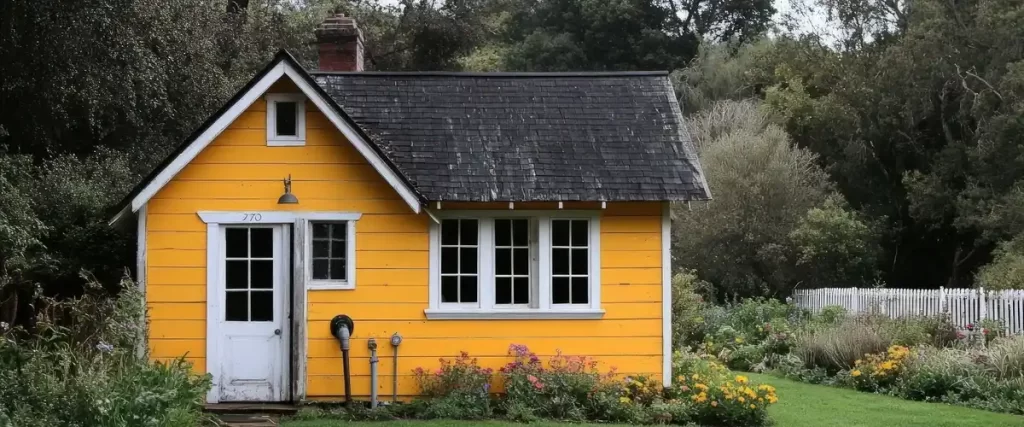A small, traditional cottage with bright yellow clapboard siding, a pitched black roof, white-paned windows, and a white picket fence in a lush, overgrown garden setting.