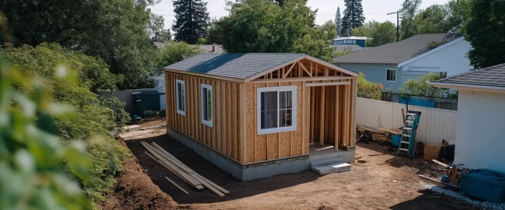 The construction phase of a rectangular backyard guest house showing the exposed timber wall studs, plywood sheathing, and a finished grey shingle roof on a concrete foundation.