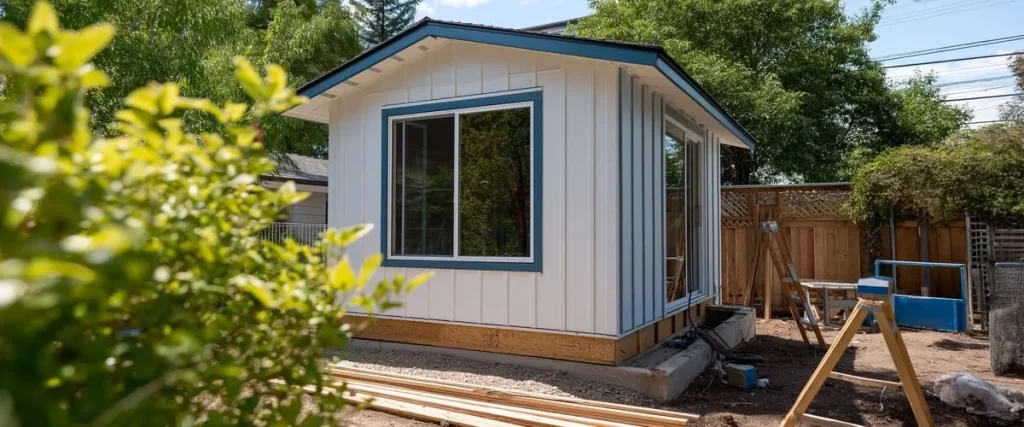 A small residential backyard building in the middle of the exterior finishing phase with white vertical siding and blue window trim being installed on a construction site.