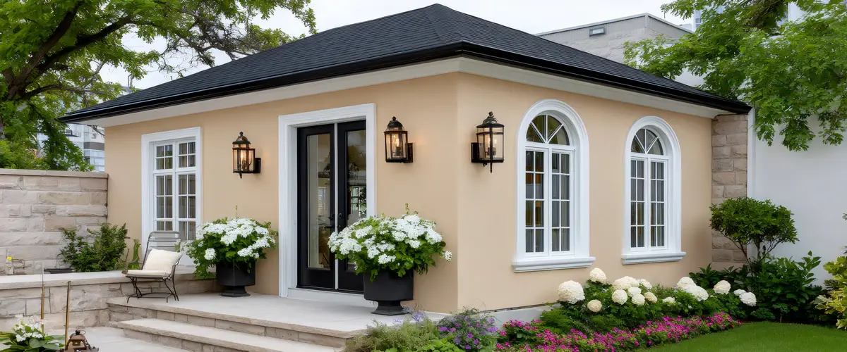 Exterior view of a beige stucco ADU with white arched windows, black French doors, and manicured garden landscaping.
