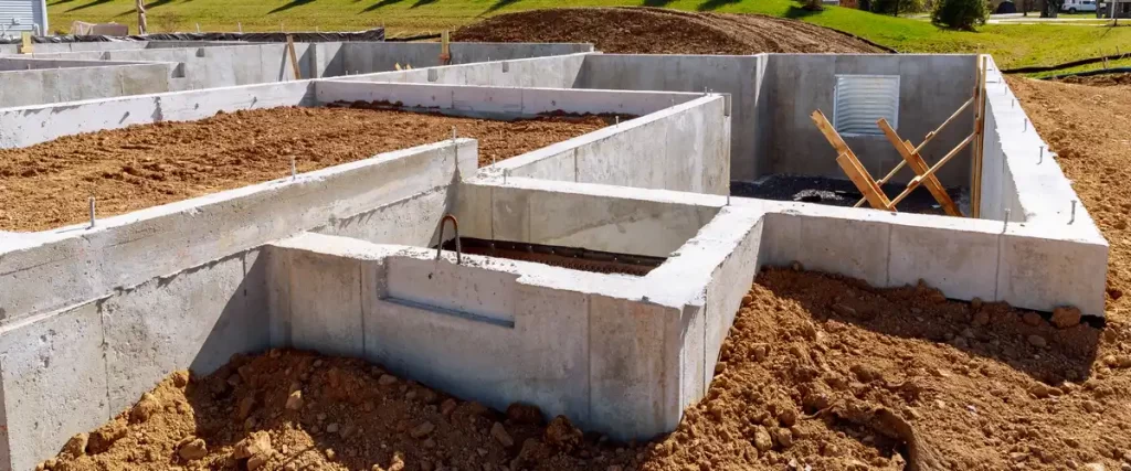 A detailed view of a stem wall foundation under construction with vertical concrete walls and interior soil backfill.