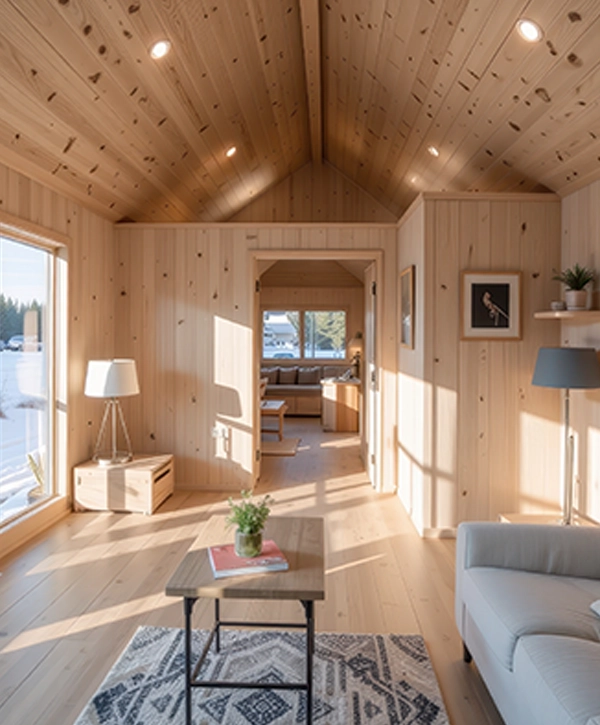 Accessory dwelling unit. Cozy wooden interior with large windows and natural light copy