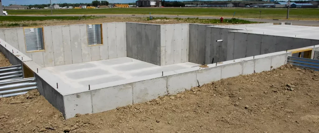 A deep poured concrete basement foundation featuring corrugated metal egress window wells in a residential development.