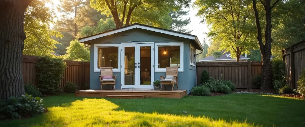A charming blue backyard ADU rental property surrounded by a wooden privacy fence, featuring a front deck with two lounge chairs and a lush green lawn.