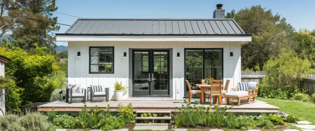 A modern white backyard ADU featuring a grey metal roof, black-framed glass double doors, and a spacious wooden deck with outdoor dining furniture.