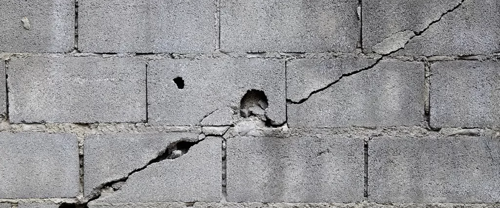 Cracked concrete block foundation wall showing structural damage and foundation repair needs